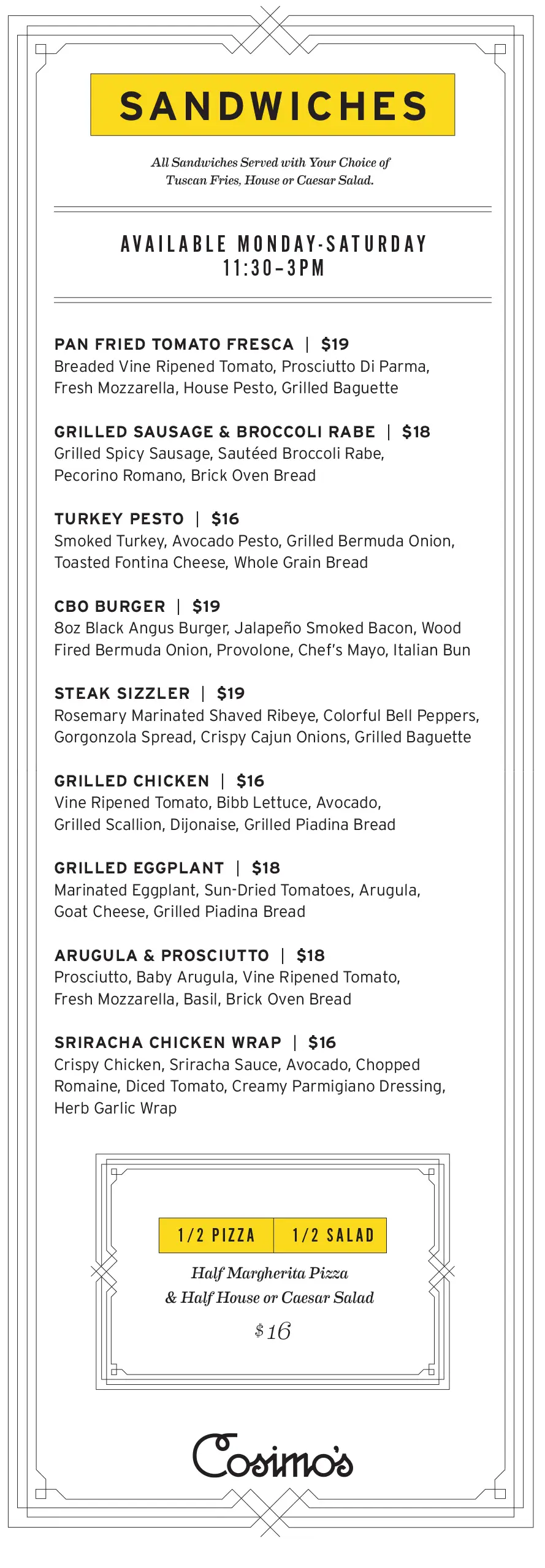 sandwich menu